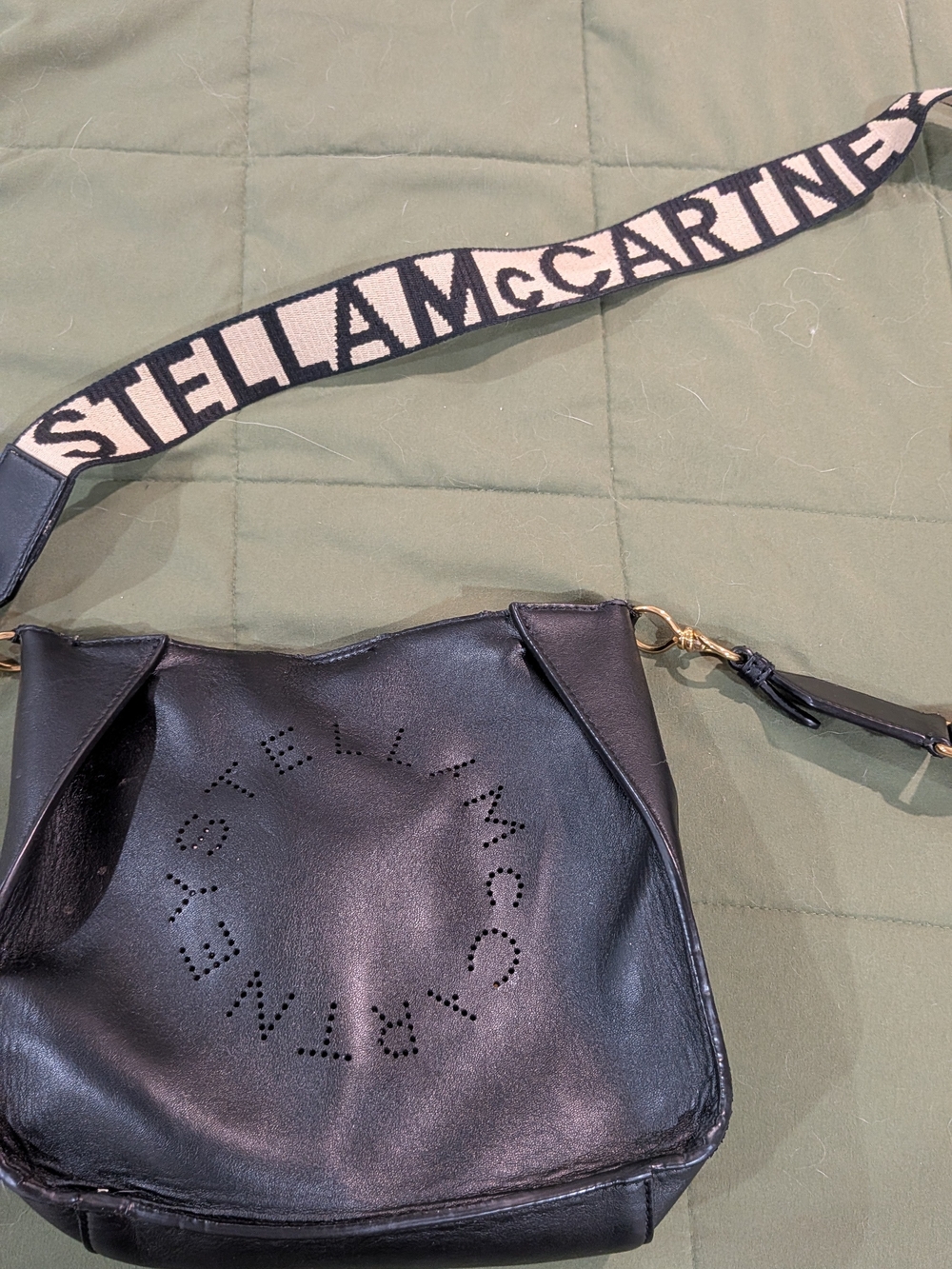 Stella McCartney Black Crossbody with Logo Perforation and Branded Strap